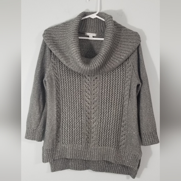 New York & Company Cowl Neck Knot Sweater. Sparkly Gray. Side Slits. Size M. - Picture 1 of 8